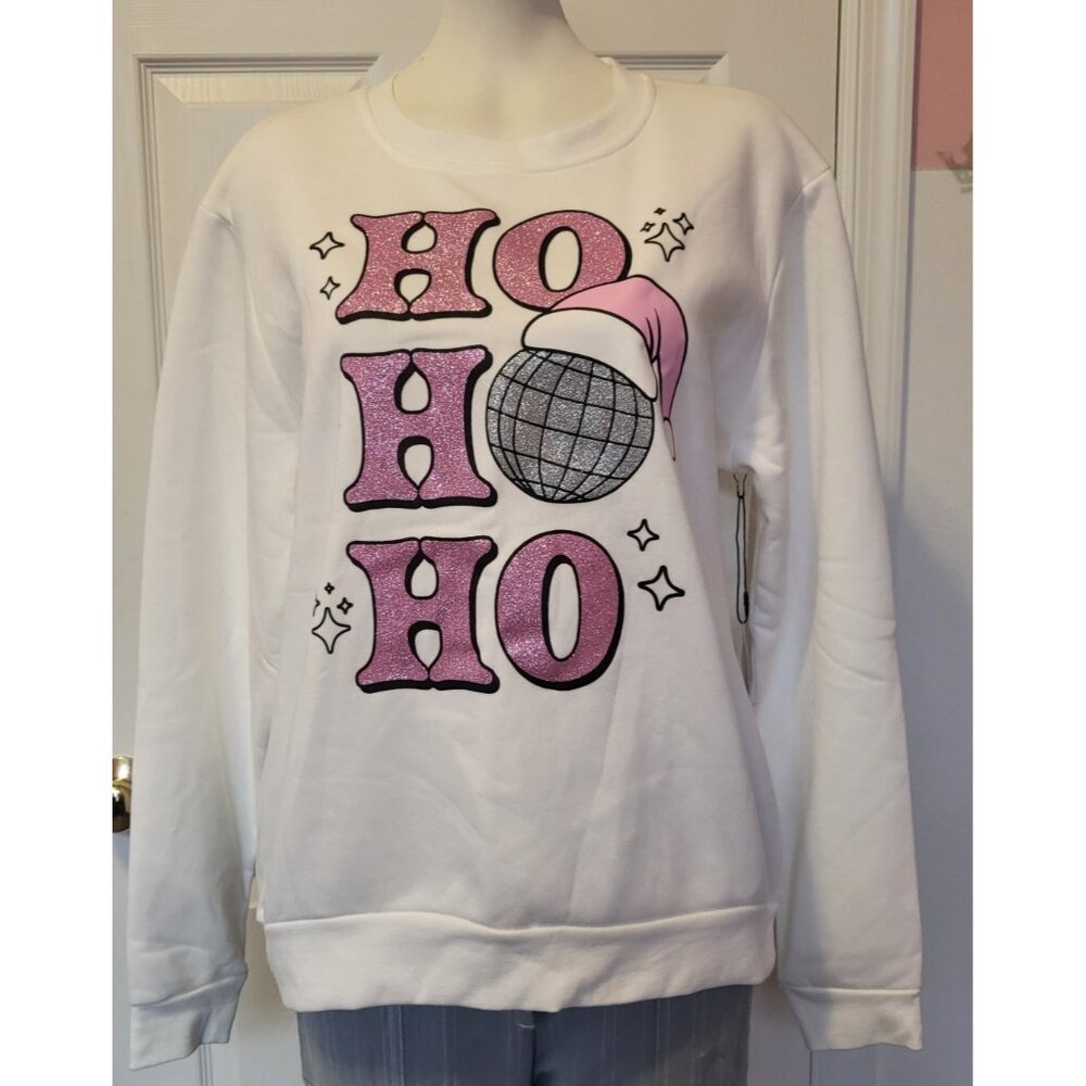 Better Together Christmas Sweatshirt White & Pink With HO, HO, HO Size Large NWT
